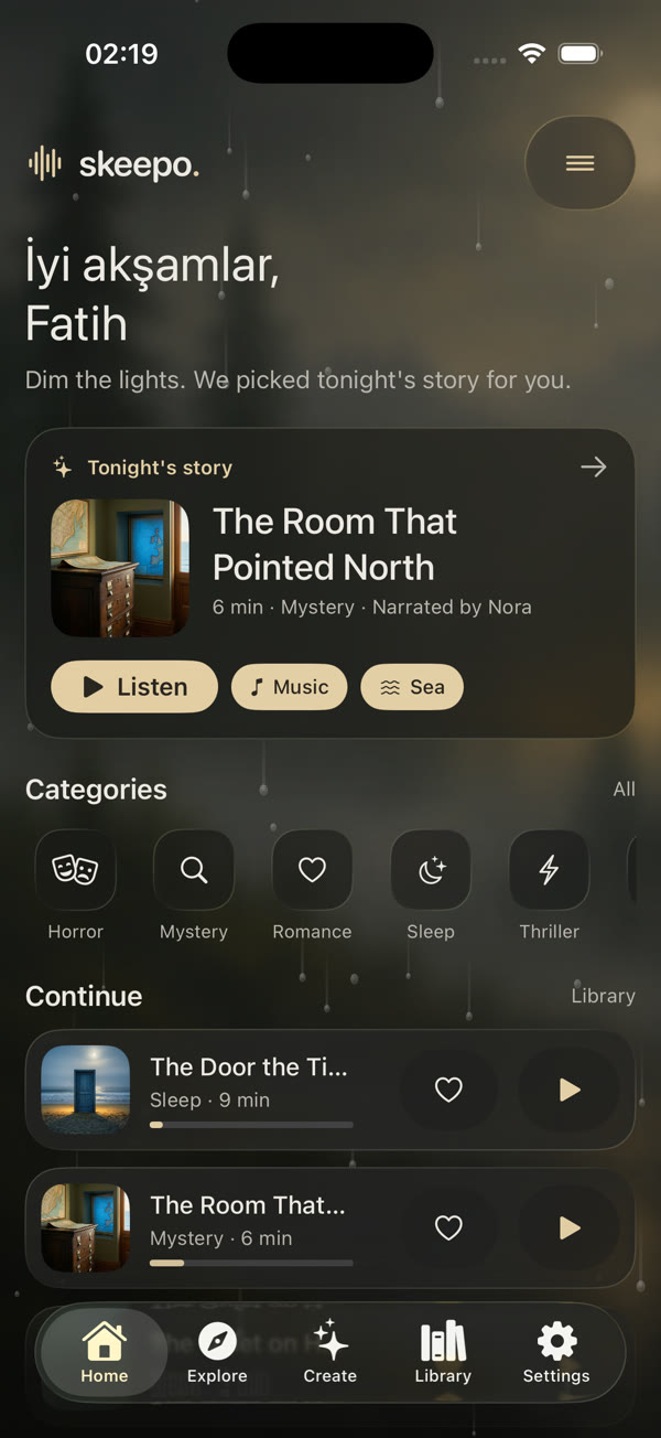 Sleepo home screen: tonight's story, categories, continue listening
